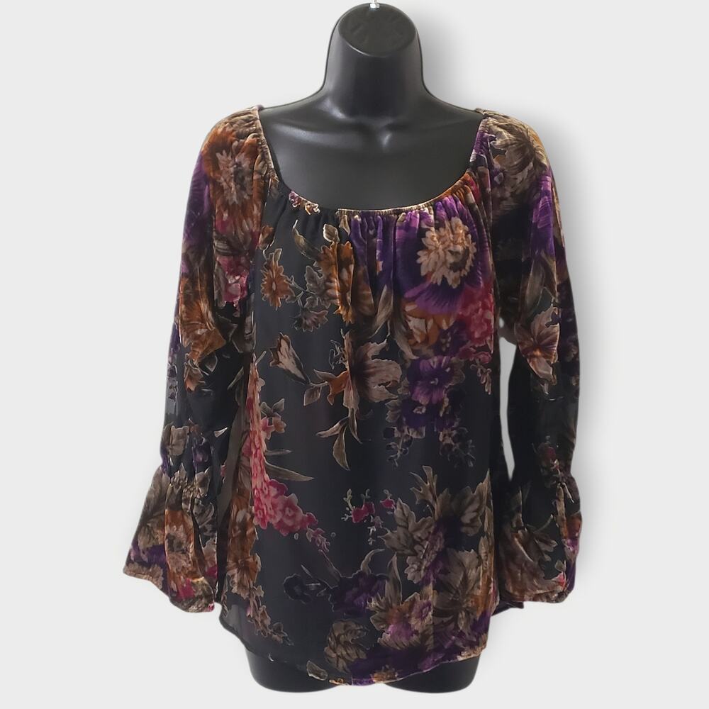 NWT Womens Velvet Burnout Sheer Overlay Dark Floral Peasant Top Sz S Goth Fairy